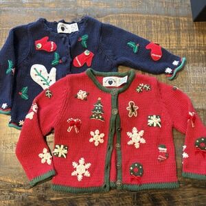 PAIR Hartstrings Christmas Sweaters Kitschy Holiday Cardigan Girl's 3T Holiday